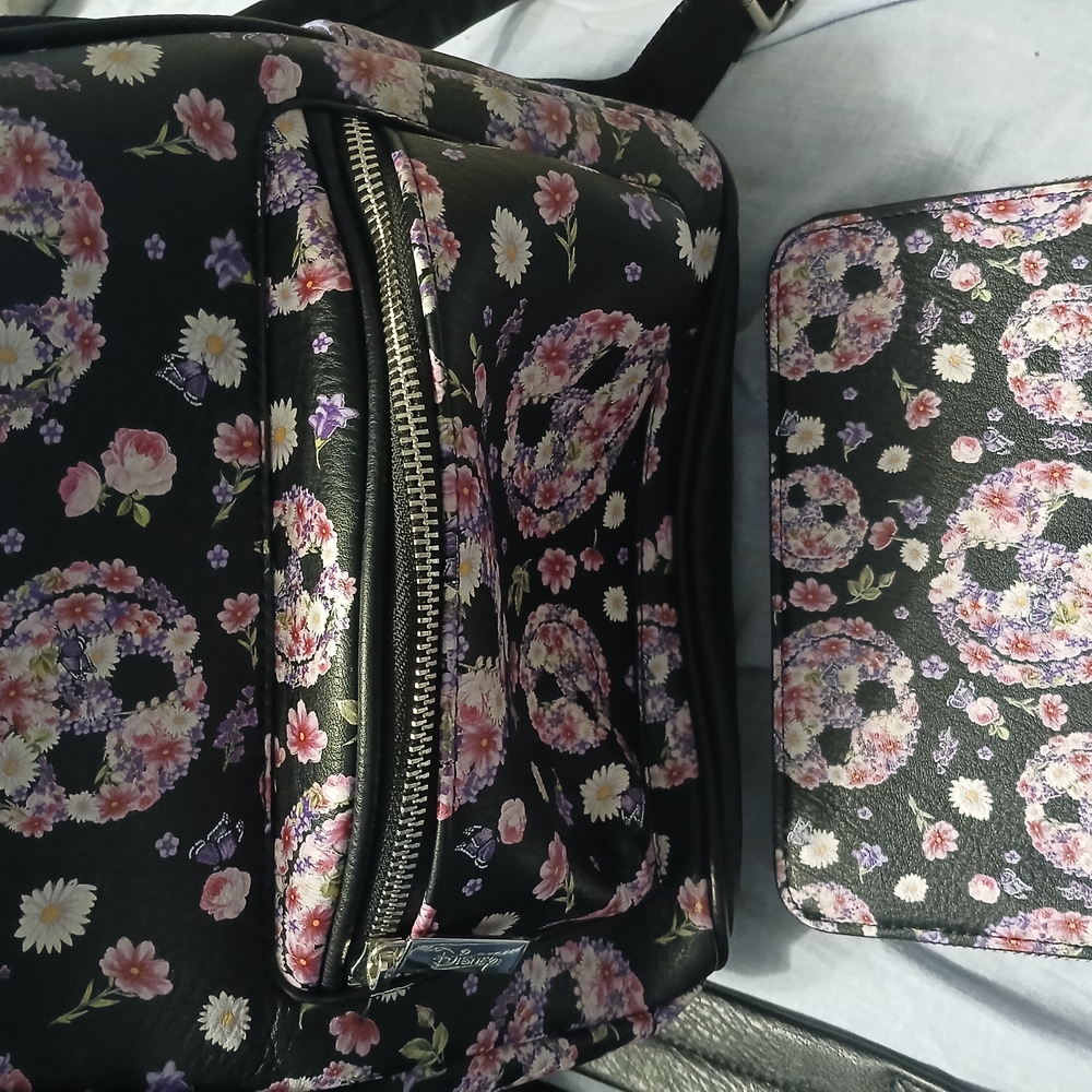 Floral Black Backpack and Wallet Set